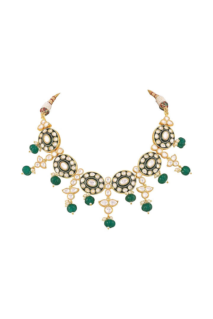 Gold Finish Kundan Polki & Emerald Drop Meenakari Necklace Set by Prihan Luxury Jewelry at Pernia's Pop Up Shop