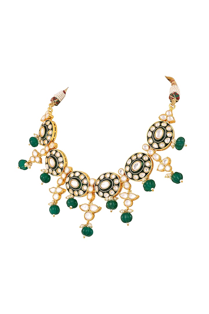 Gold Finish Kundan Polki & Emerald Drop Meenakari Necklace Set by Prihan Luxury Jewelry at Pernia's Pop Up Shop