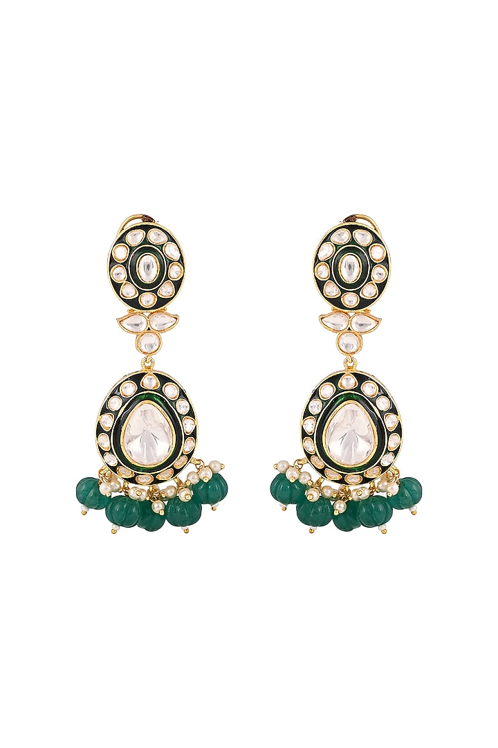 Gold Finish Kundan Polki & Emerald Drop Meenakari Necklace Set by Prihan Luxury Jewelry at Pernia's Pop Up Shop