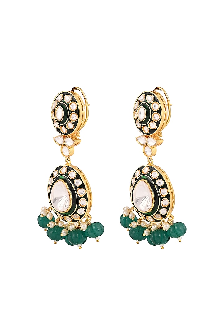 Gold Finish Kundan Polki & Emerald Drop Meenakari Necklace Set by Prihan Luxury Jewelry at Pernia's Pop Up Shop