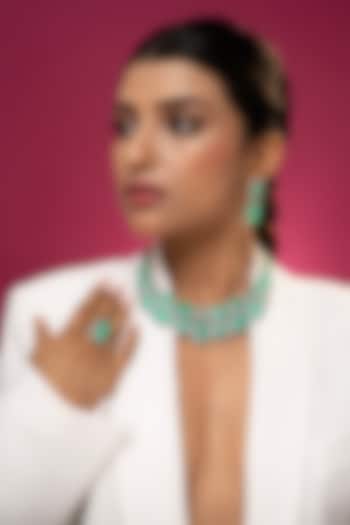 White Finish Aqua Cabochon Stone & Crystal Necklace Set by Prihan Luxury Jewelry at Pernia's Pop Up Shop