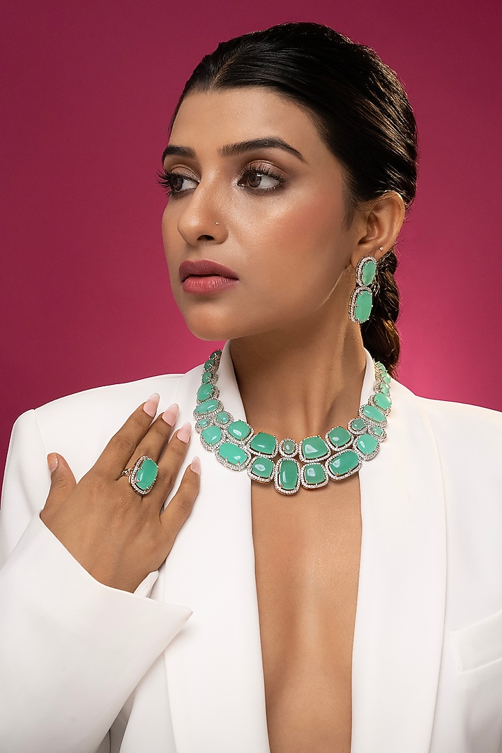 White Finish Aqua Cabochon Stone & Crystal Necklace Set by Prihan Luxury Jewelry at Pernia's Pop Up Shop
