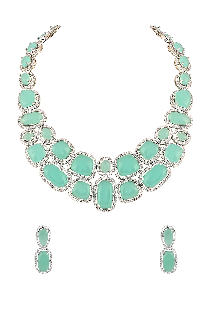 White Finish Aqua Cabochon Stone & Crystal Necklace Set by Prihan Luxury Jewelry at Pernia's Pop Up Shop