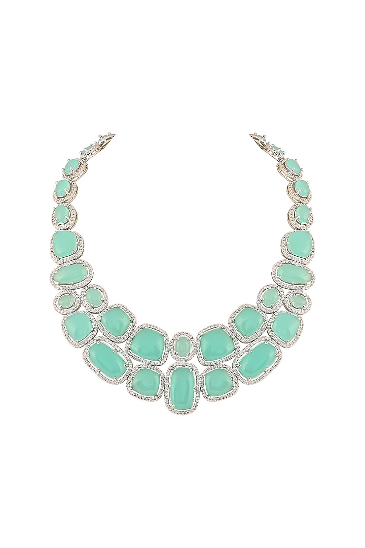 White Finish Aqua Cabochon Stone & Crystal Necklace Set by Prihan Luxury Jewelry at Pernia's Pop Up Shop