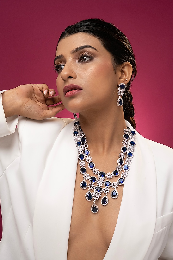 White Finish Sapphire & CZ Stone Layered Necklace Set by Prihan Luxury Jewelry at Pernia's Pop Up Shop