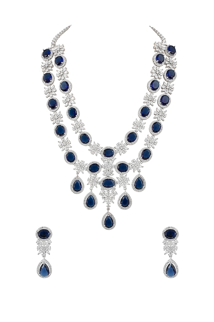 White Finish Sapphire & CZ Stone Layered Necklace Set by Prihan Luxury Jewelry at Pernia's Pop Up Shop