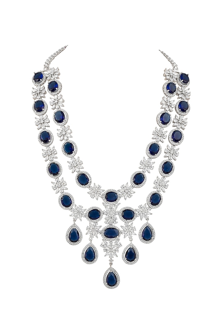 White Finish Sapphire & CZ Stone Layered Necklace Set by Prihan Luxury Jewelry at Pernia's Pop Up Shop