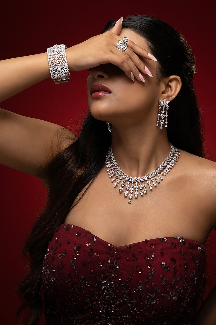 White Finish Cubic Zirconia Necklace Set by Prihan Luxury Jewelry at Pernia's Pop Up Shop