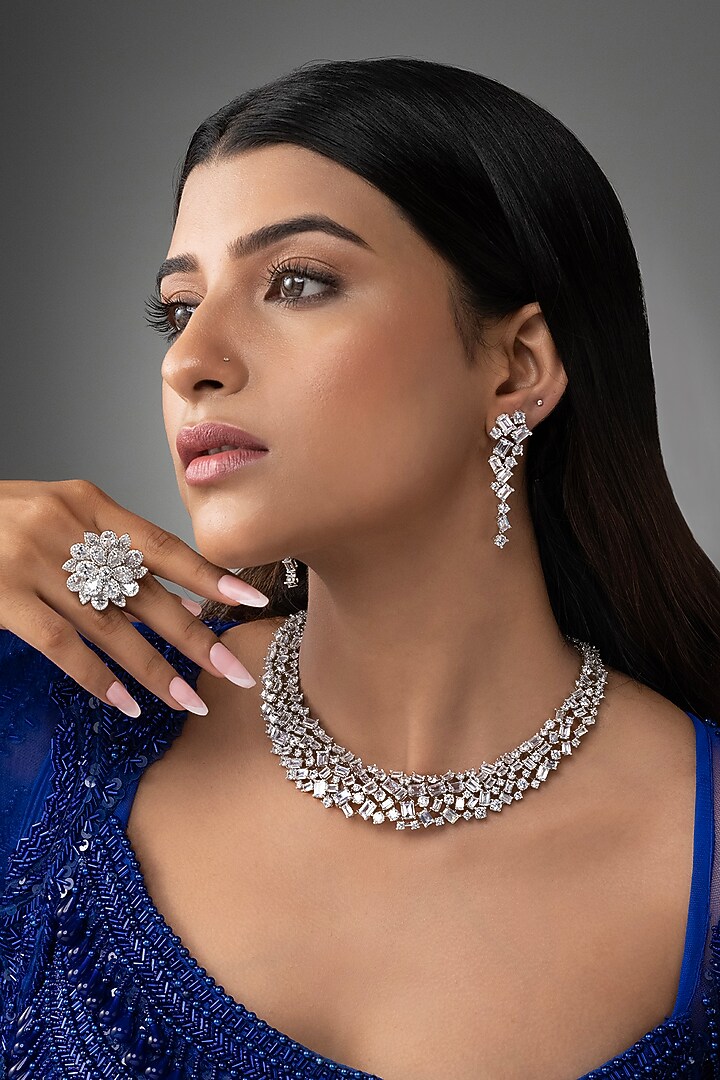 White Finish Baguette & Round-Cut Cubic Zirconia Necklace Set by Prihan Luxury Jewelry at Pernia's Pop Up Shop