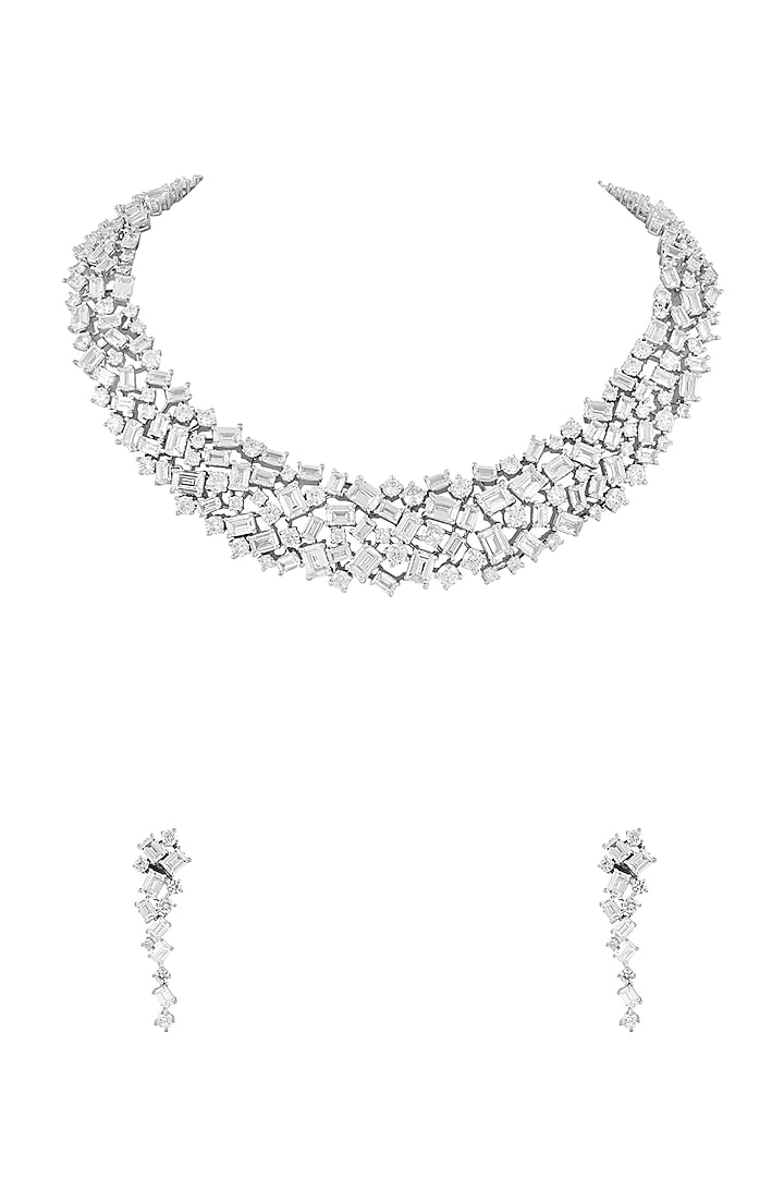 White Finish Baguette & Round-Cut Cubic Zirconia Necklace Set by Prihan Luxury Jewelry at Pernia's Pop Up Shop