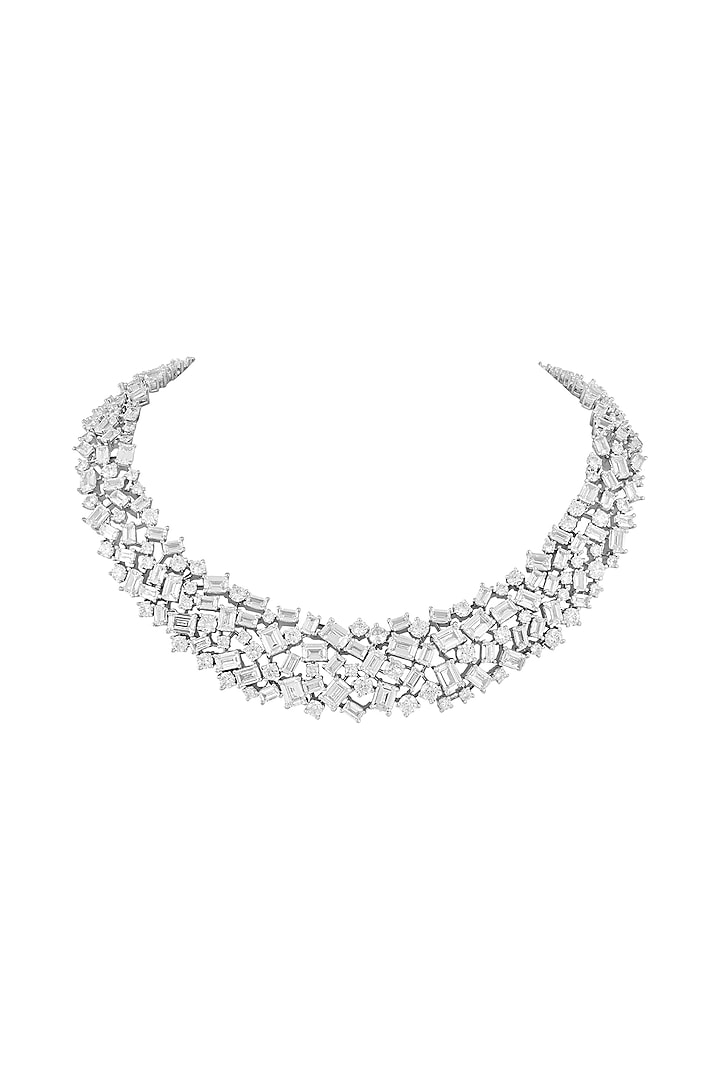White Finish Baguette & Round-Cut Cubic Zirconia Necklace Set by Prihan Luxury Jewelry at Pernia's Pop Up Shop