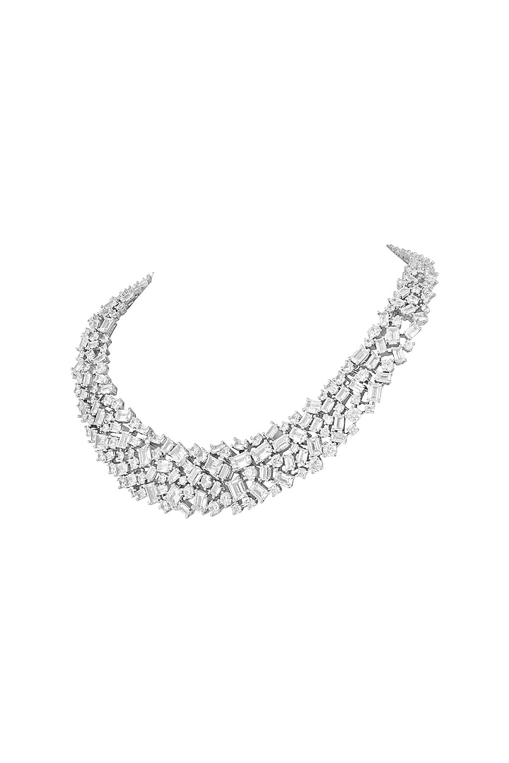 White Finish Baguette & Round-Cut Cubic Zirconia Necklace Set by Prihan Luxury Jewelry at Pernia's Pop Up Shop