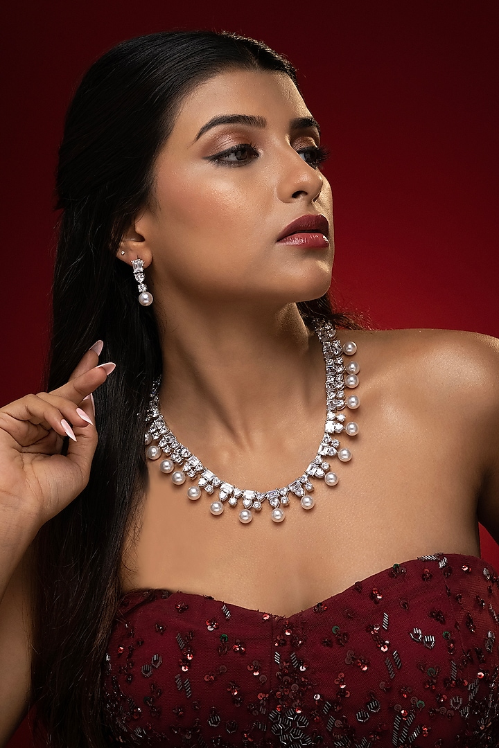 White Finish Pearl & Cubic Zirconia Necklace Set by Prihan Luxury Jewelry at Pernia's Pop Up Shop