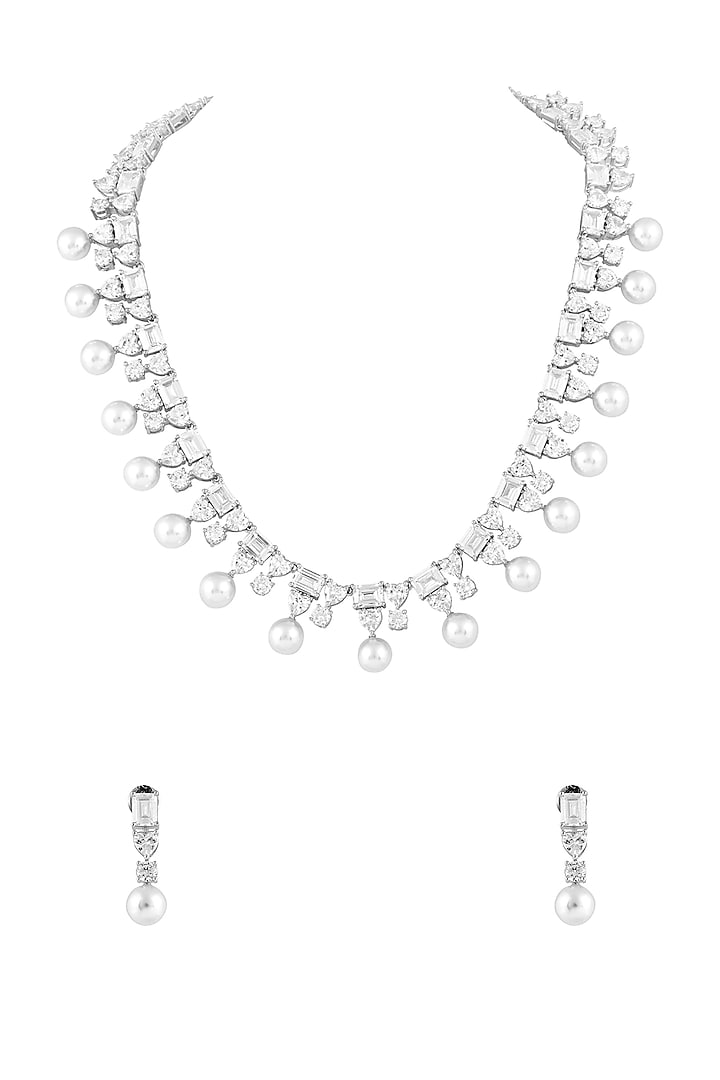 White Finish Pearl & Cubic Zirconia Necklace Set by Prihan Luxury Jewelry at Pernia's Pop Up Shop