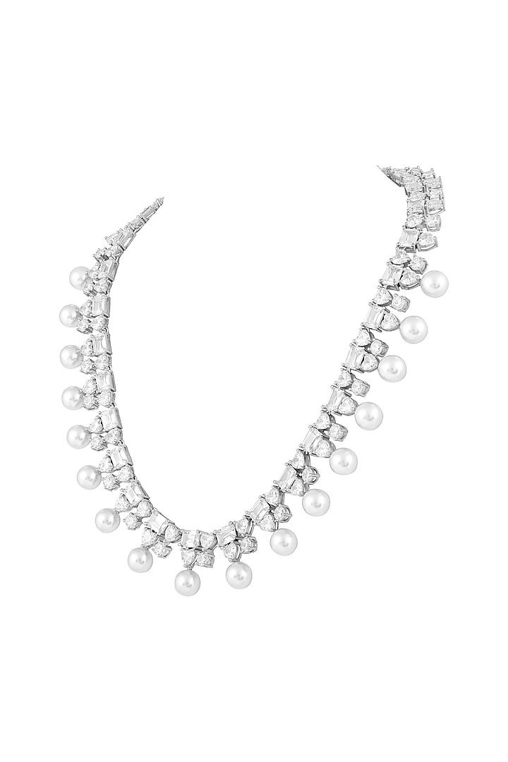 White Finish Pearl & Cubic Zirconia Necklace Set by Prihan Luxury Jewelry at Pernia's Pop Up Shop