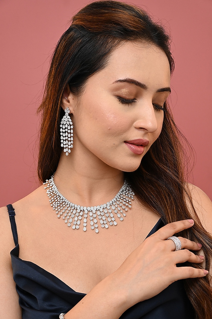 White Finish Cubic Zirconia Necklace Set by Prihan Luxury Jewelry at Pernia's Pop Up Shop