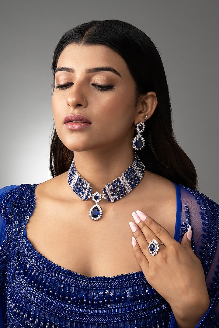 White Finish Cubic Zirconia & Sapphire Stone Necklace Set by Prihan Luxury Jewelry at Pernia's Pop Up Shop