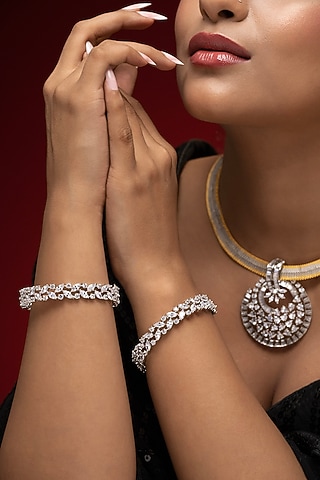 White Finish Cubic Zirconia Bangles (Set Of 2) by Prihan Luxury Jewelry