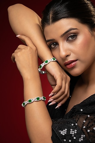 White Finish Cubic Zirconia & Emerald Stone Bangles (Set Of 2) by Prihan Luxury Jewelry