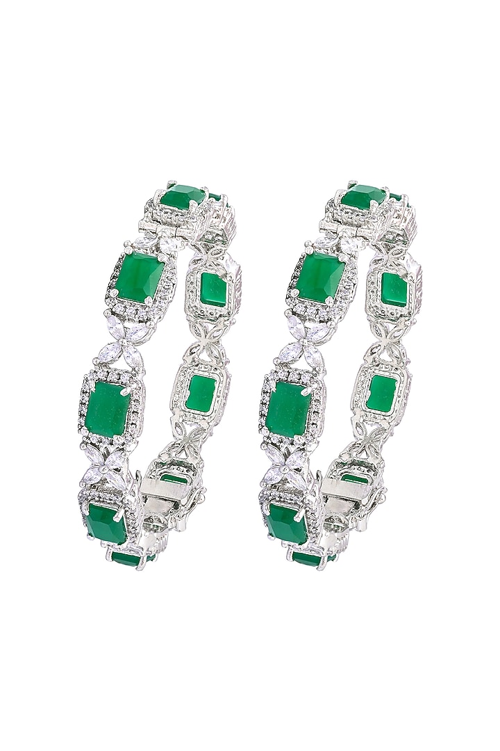 White Finish Cubic Zirconia & Emerald Stone Bangles (Set Of 2) by Prihan Luxury Jewelry at Pernia's Pop Up Shop