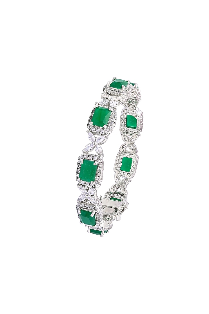 White Finish Cubic Zirconia & Emerald Stone Bangles (Set Of 2) by Prihan Luxury Jewelry at Pernia's Pop Up Shop