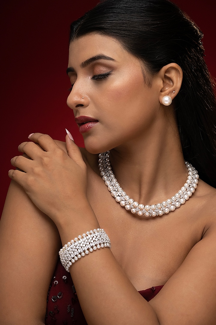 White Finish Cubic Zirconia & Pearl Bracelet by Prihan Luxury Jewelry at Pernia's Pop Up Shop