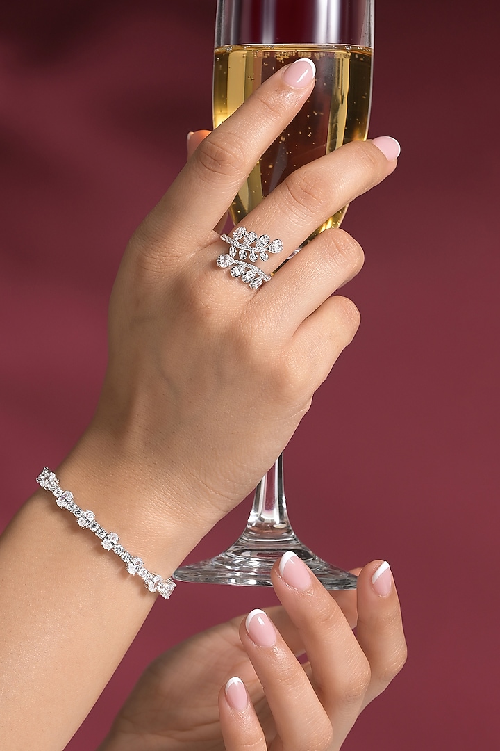 White Rhodium Finish Leaf-Shaped Zircon Branch Ring by Prihan Luxury Jewelry at Pernia's Pop Up Shop