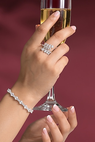 White Rhodium Finish Leaf-Shaped Zircon Branch Ring by Prihan Luxury Jewelry