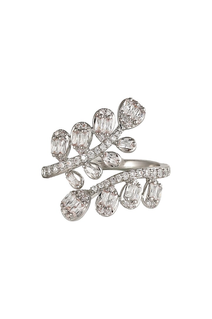 White Rhodium Finish Leaf-Shaped Zircon Branch Ring by Prihan Luxury Jewelry at Pernia's Pop Up Shop