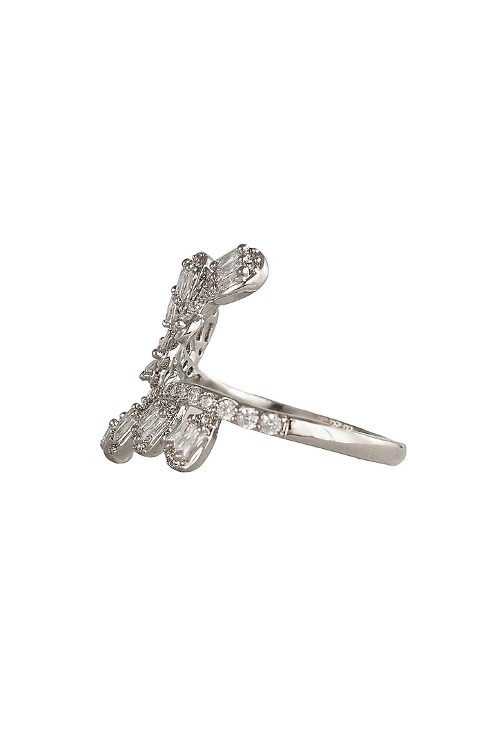 White Rhodium Finish Leaf-Shaped Zircon Branch Ring by Prihan Luxury Jewelry at Pernia's Pop Up Shop