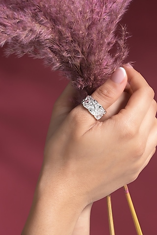 White Rhodium Finish Baguette-Shaped Zircon Ring by Prihan Luxury Jewelry