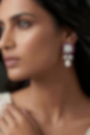 White Rhodium Finish Zircon & Ruby Stone Floral Dangler Earrings by Prihan Luxury Jewelry at Pernia's Pop Up Shop