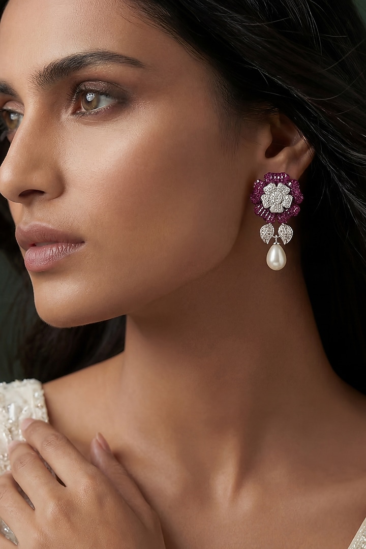 White Rhodium Finish Zircon & Ruby Stone Floral Dangler Earrings by Prihan Luxury Jewelry at Pernia's Pop Up Shop