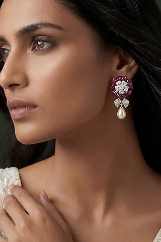 White Rhodium Finish Zircon & Ruby Stone Floral Dangler Earrings by Prihan Luxury Jewelry