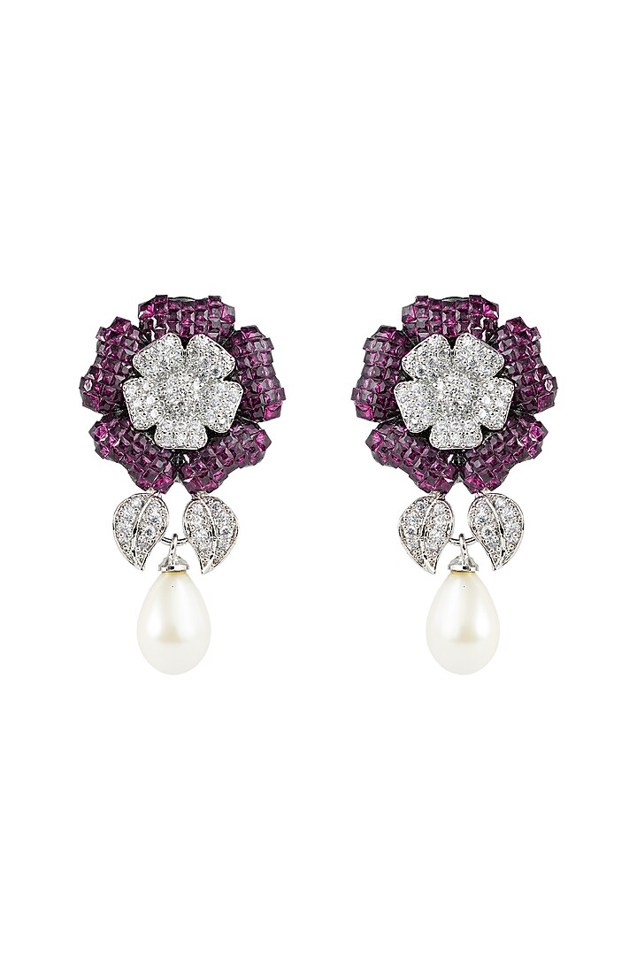 White Rhodium Finish Zircon & Ruby Stone Floral Dangler Earrings by Prihan Luxury Jewelry at Pernia's Pop Up Shop