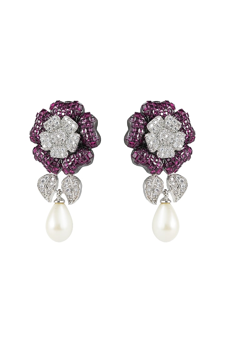 White Rhodium Finish Zircon & Ruby Stone Floral Dangler Earrings by Prihan Luxury Jewelry at Pernia's Pop Up Shop