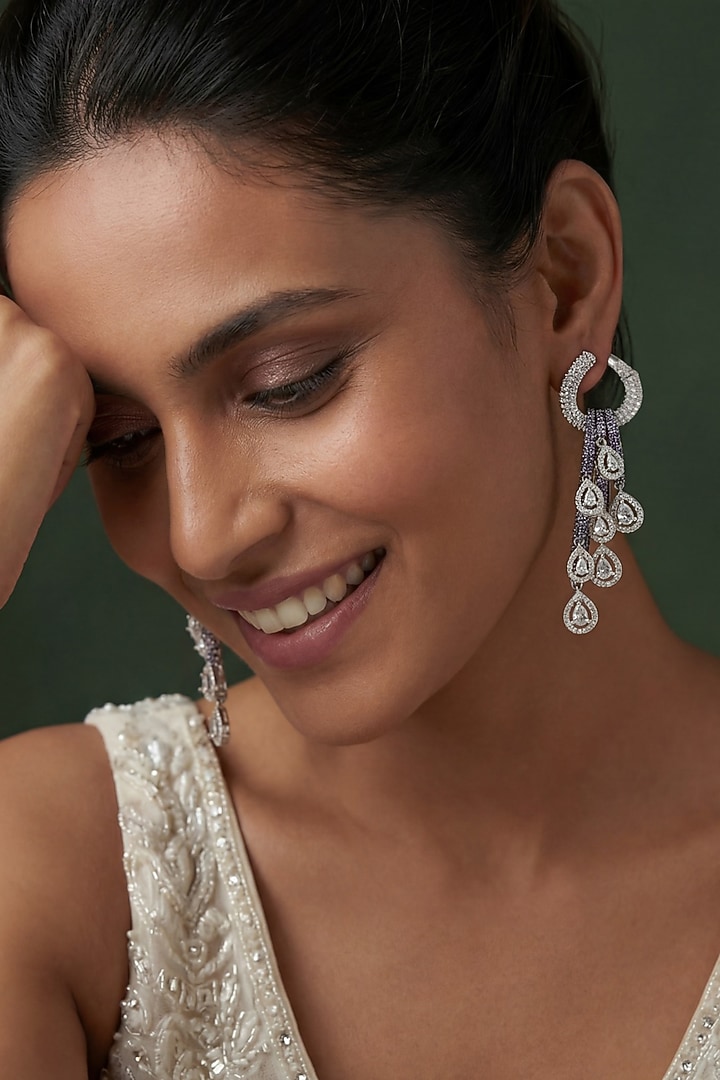 White Rhodium Finish Purple & White Zircons Chandelier Hoop Earrings by Prihan Luxury Jewelry at Pernia's Pop Up Shop
