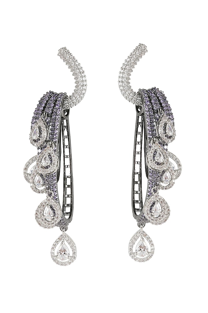 White Rhodium Finish Purple & White Zircons Chandelier Hoop Earrings by Prihan Luxury Jewelry at Pernia's Pop Up Shop
