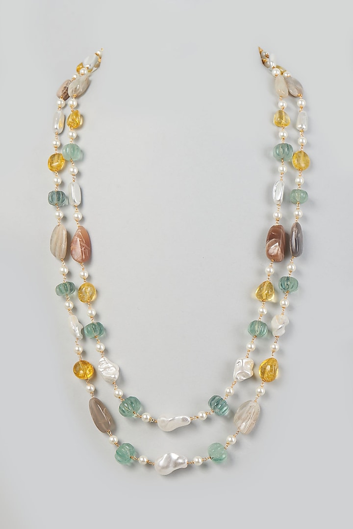Gold Finish Agate Stone & Quartz Melon Mala by Prihan Luxury Jewelry at Pernia's Pop Up Shop