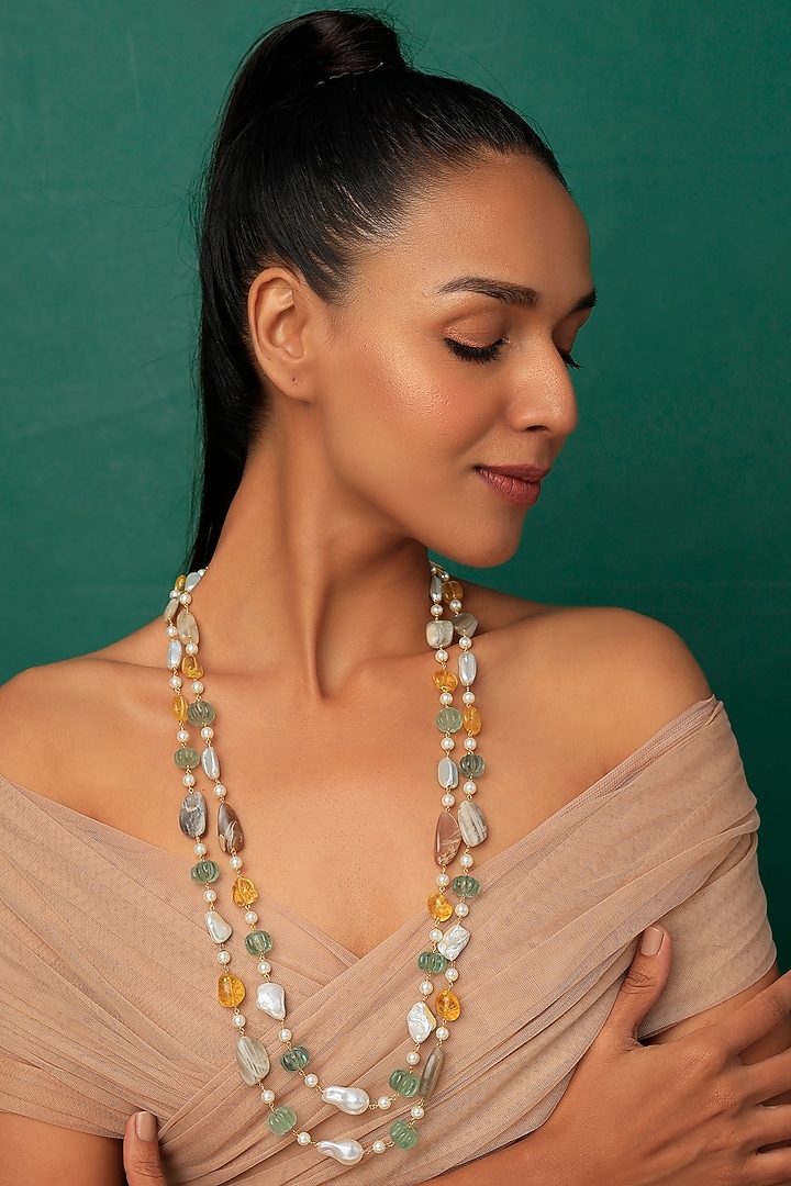 Gold Finish Agate Stone & Quartz Melon Mala by Prihan Luxury Jewelry at Pernia's Pop Up Shop