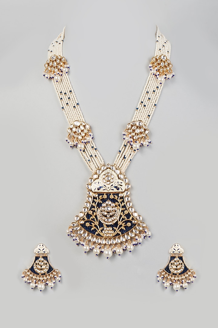 Gold Finish Meenakari Long Necklace Set by Prihan Luxury Jewelry at Pernia's Pop Up Shop