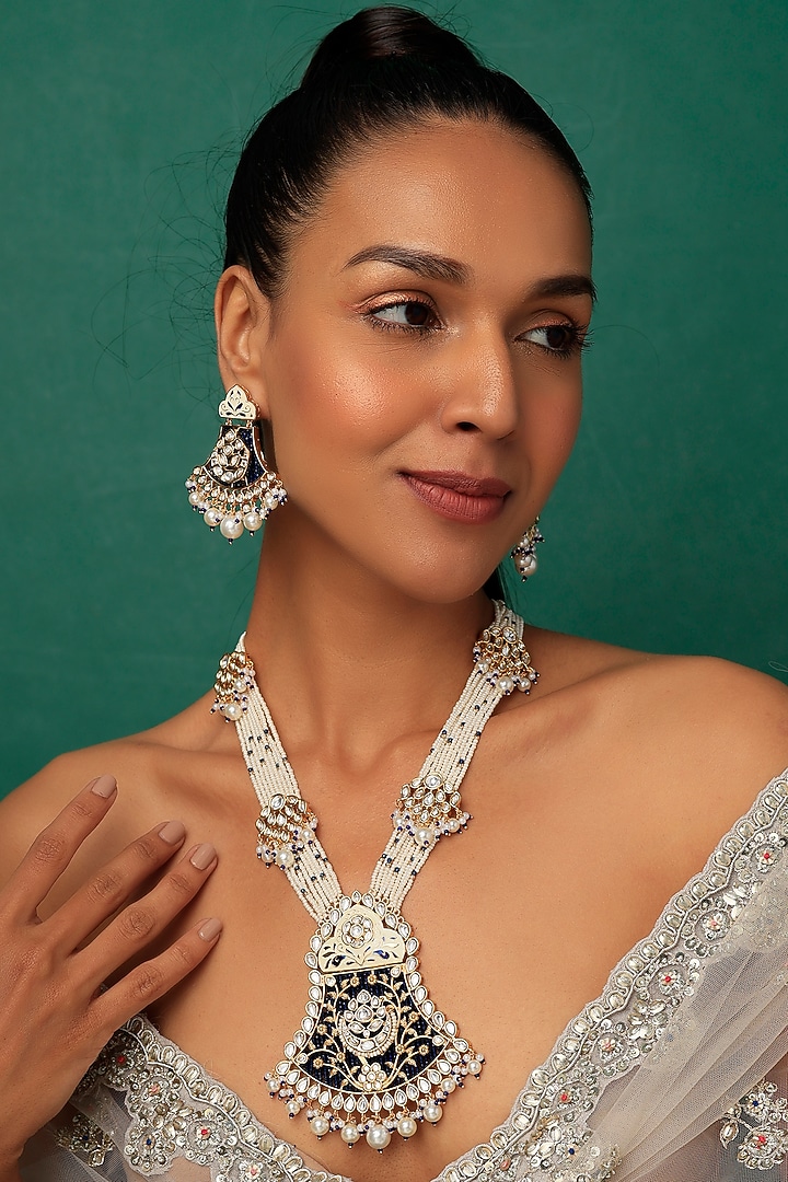 Gold Finish Meenakari Long Necklace Set by Prihan Luxury Jewelry at Pernia's Pop Up Shop