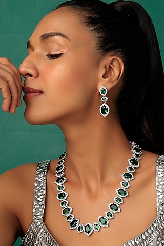 White Finish Emerald Stone Necklace Set by Prihan Luxury Jewelry