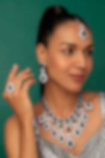 White Finish Emerald & Faux Diamond Necklace Set by Prihan Luxury Jewelry at Pernia's Pop Up Shop