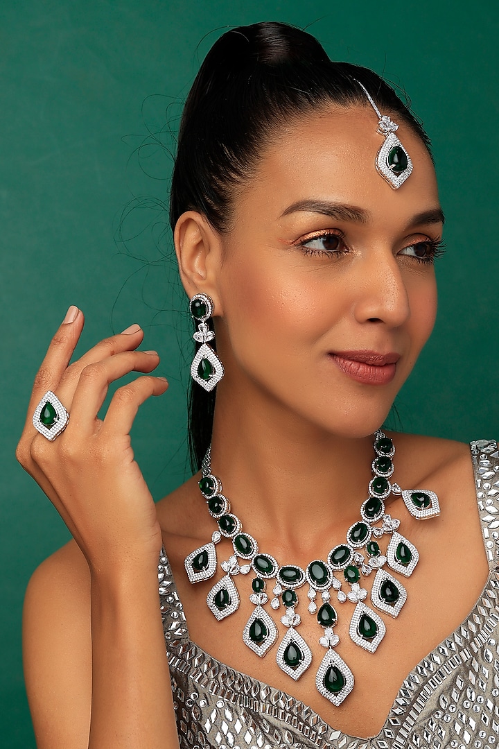 White Finish Emerald & Faux Diamond Necklace Set by Prihan Luxury Jewelry at Pernia's Pop Up Shop