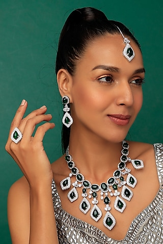 White Finish Emerald & Faux Diamond Necklace Set by Prihan Luxury Jewelry