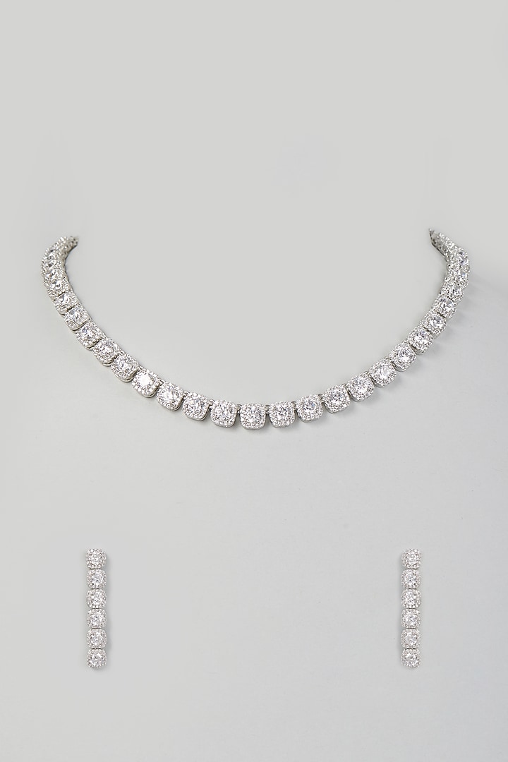 White Finish Solitaire Faux Diamond Necklace Set by Prihan Luxury Jewelry at Pernia's Pop Up Shop