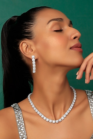 White Finish Solitaire Faux Diamond Necklace Set by Prihan Luxury Jewelry