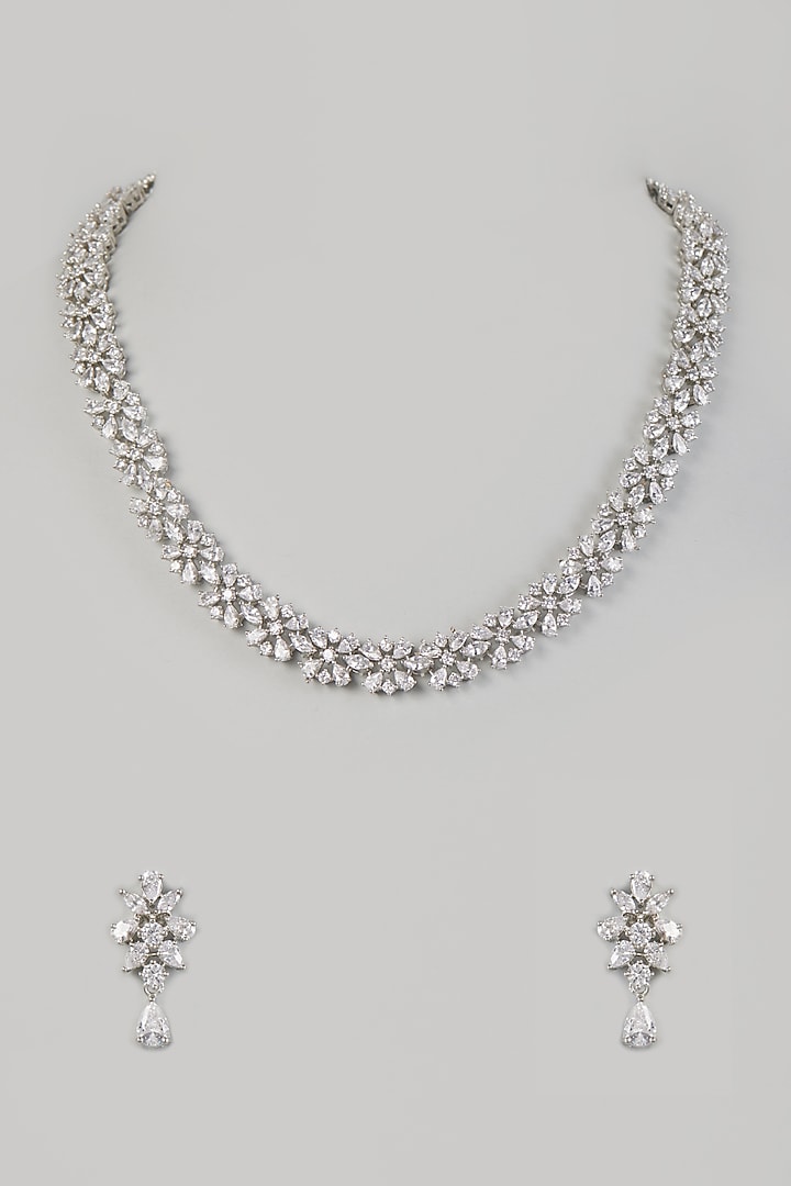 White Finish Faux Diamond Necklace Set by Prihan Luxury Jewelry at Pernia's Pop Up Shop