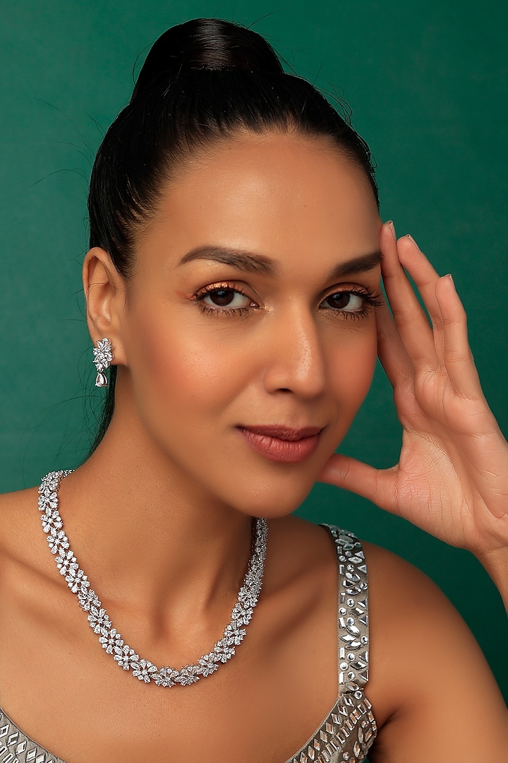 White Finish Faux Diamond Necklace Set by Prihan Luxury Jewelry